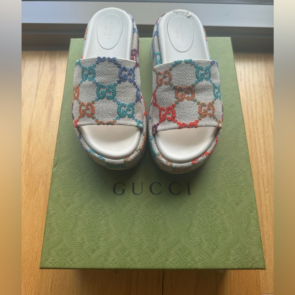 Gucci Multi Colored Monogram Platform Slides Sz 37 - image 1